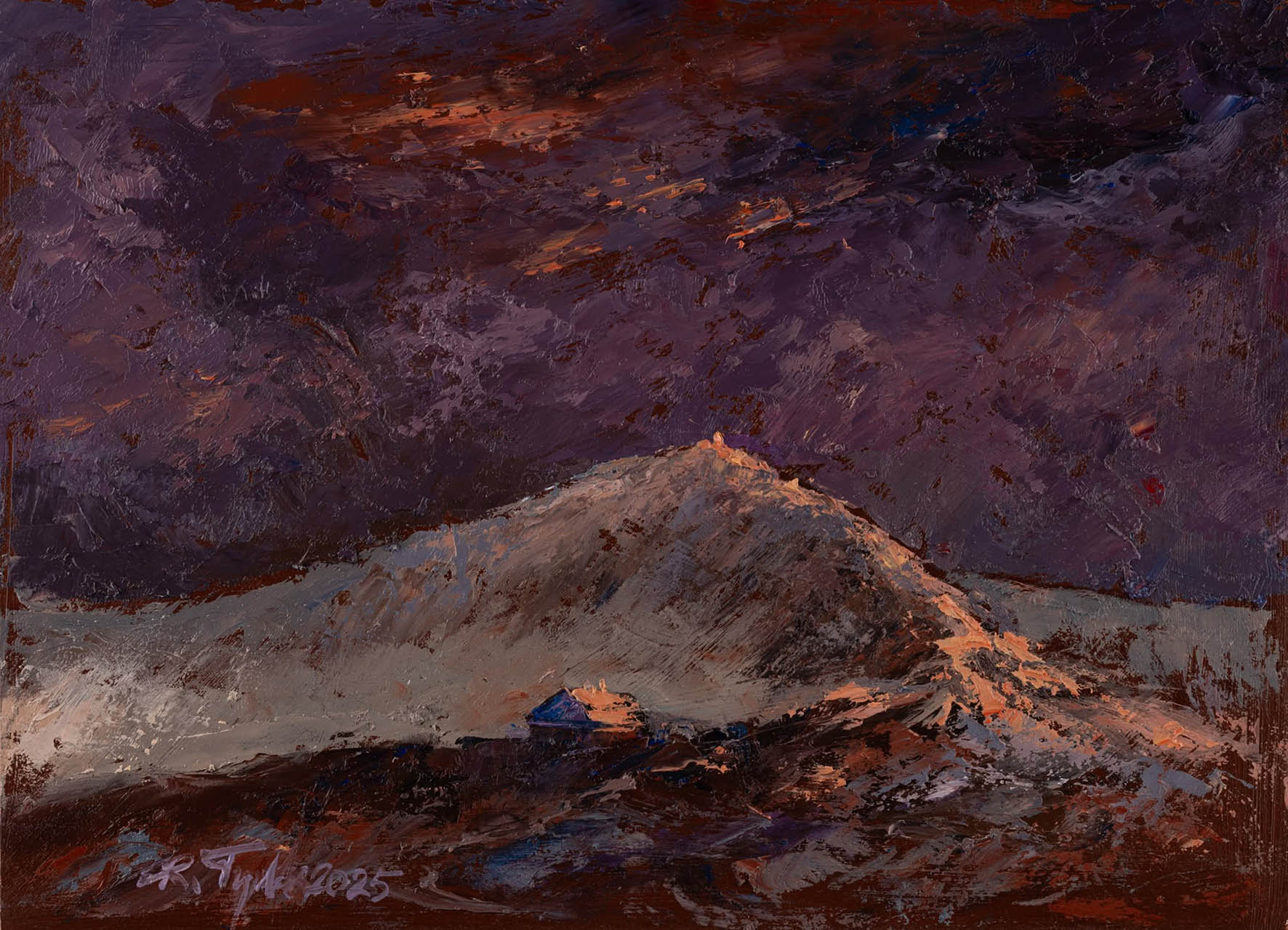 Ryszard tyszkiewicz obraz "Karkonosze - Śnieżka, zachód słońca" 2025 r., olej, płyta hdf, 30x40 cm.