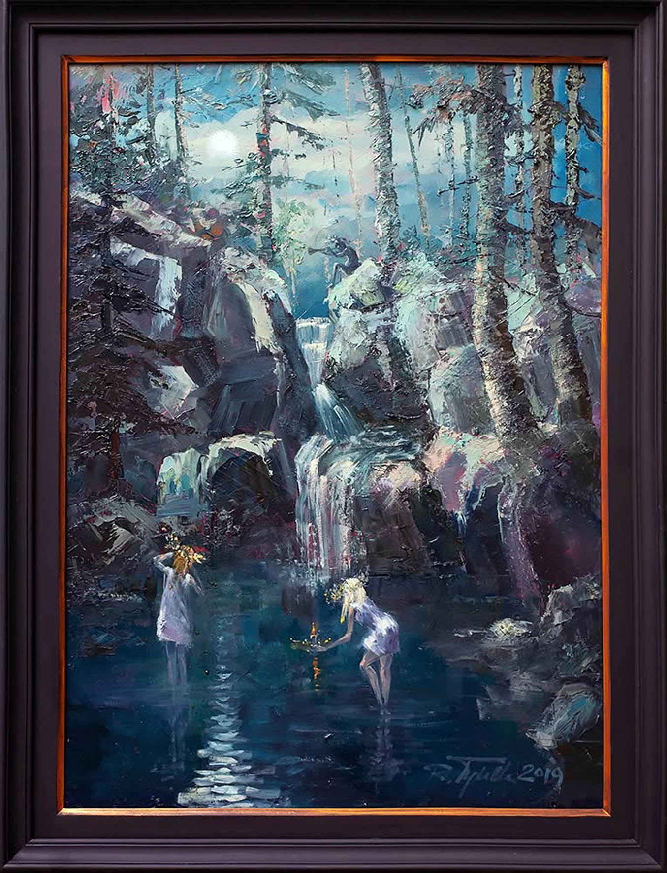 Ryszard Tyszkiewicz obraz "Noc Świętojańska, wodospad Podgórnej" z cyklu Tryptyk Karkonoski., olej, płyta, 85x61cm, 2019