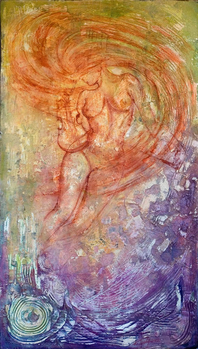 Ryszard Tyszkiewicz obraz "Rajska Jabłoń" IV, olej, kredka, akryl, 80x50 cm. 2012