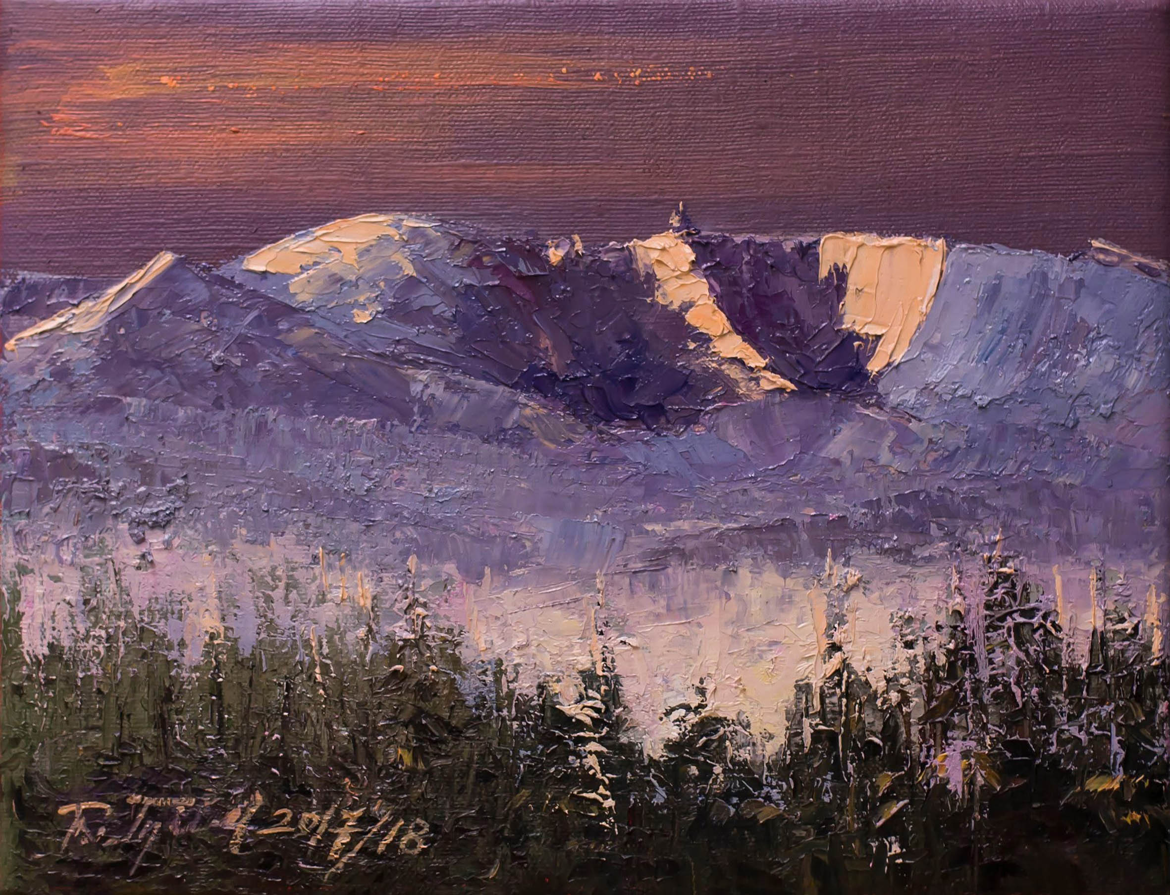Ryszard Tyszkiewicz obraz "Świt nad Śnieżnymi Kotłami" olej, płótno, 30x40 cm, 2018